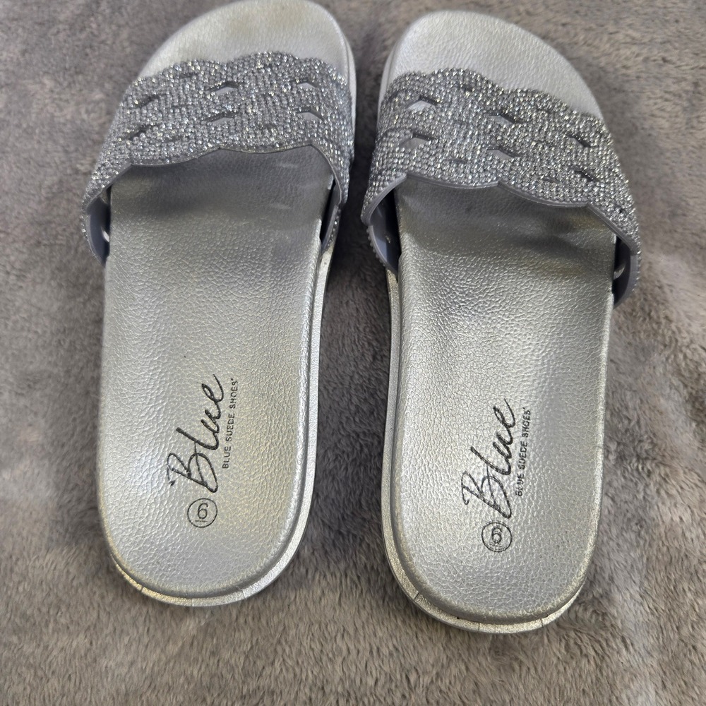 Blue Suede Shoes Womens Silver Rhinestone Platform Slide Sandals Size 6